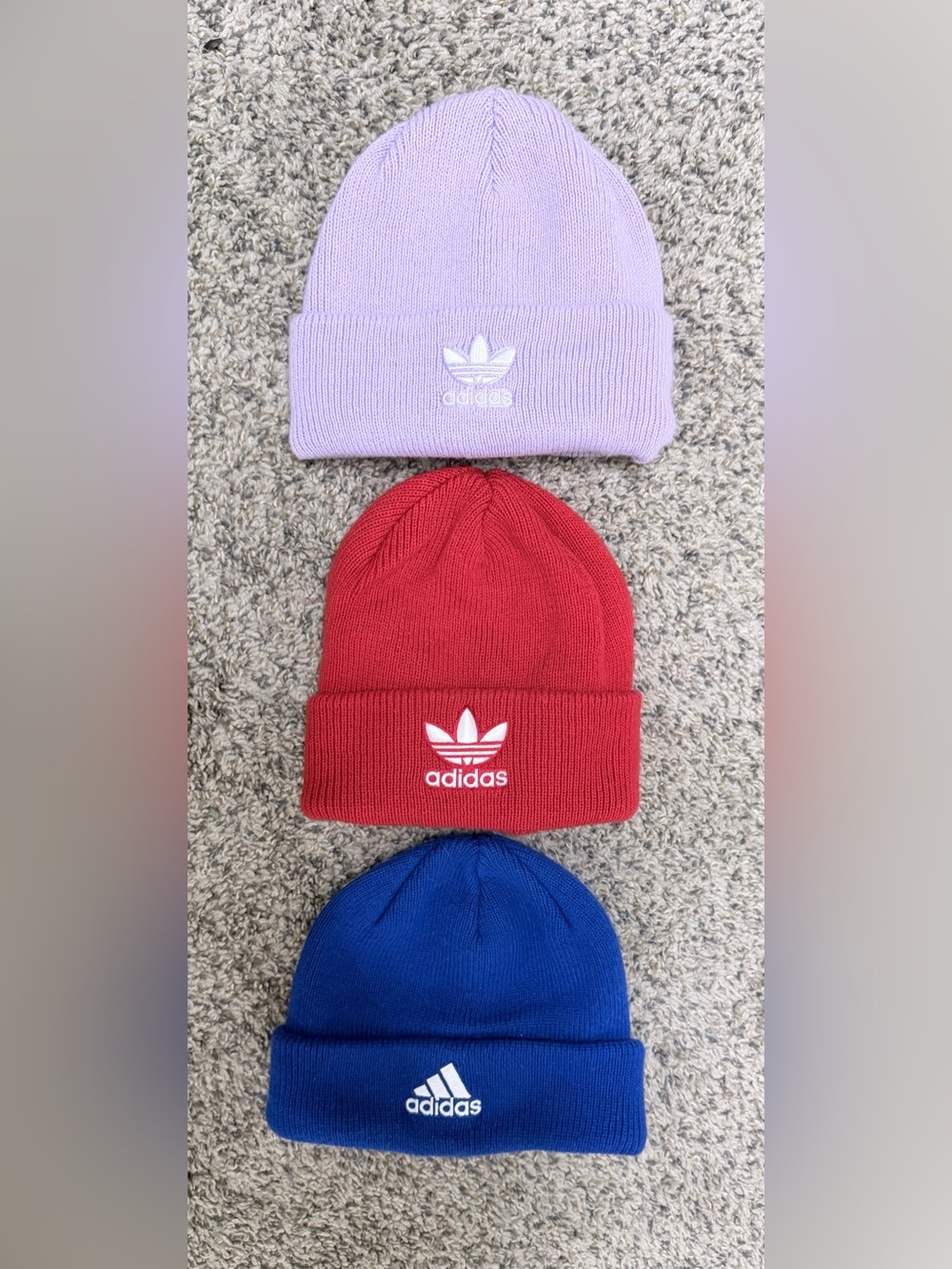 Adidas Beanie Trio — Purple, Blue, Red —Unisex OS — Cold Weather Ready